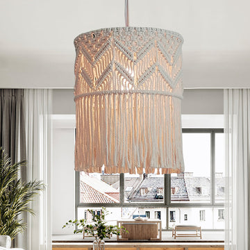 Bohemian Style 1-Light Macrame Fringed Pendant Light Hand Woven Lantern